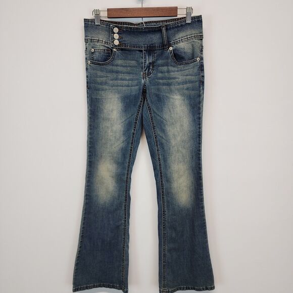 Vtg Y2K Flare Jeans Womens 7 29" Medium Wash Low Rise Stretch No Back Pockets - Picture 1 of 15